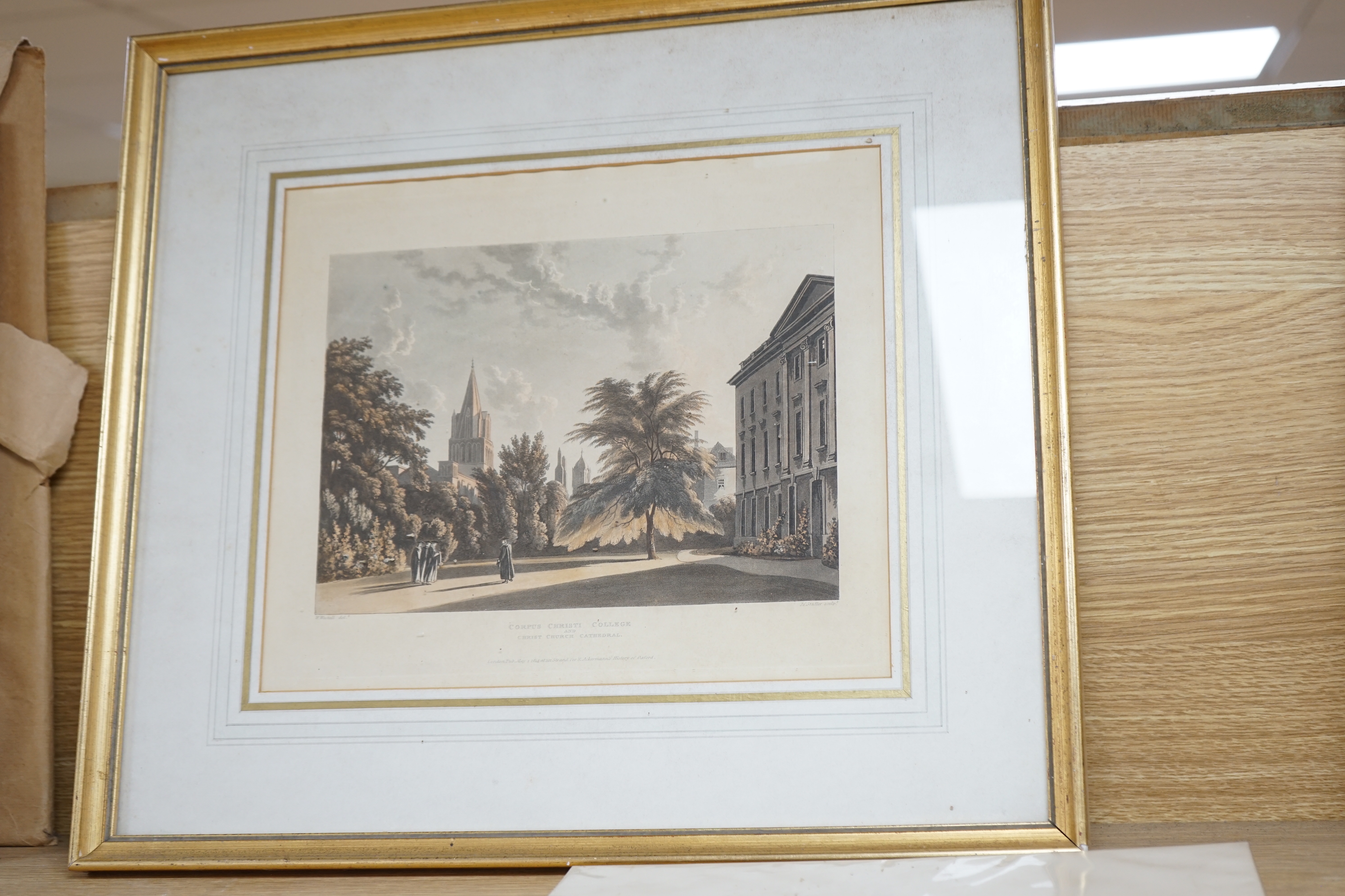Two 19th century colour engravings, Corpus Christi College and Christchurch Cathedral, one published May 1st, 1841 for R. Ackermann's History of Oxford, London, one mounted, unframed, largest 26 x 31cm, together with Eto
